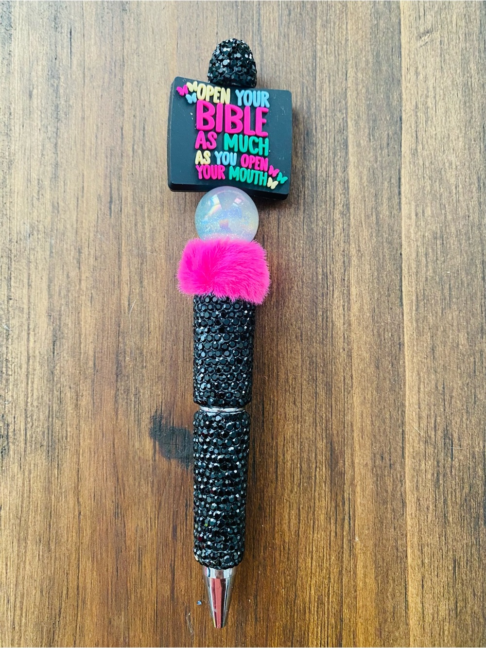 Black & Pink Rhinestone Key Charm Pen – Inspirational Script